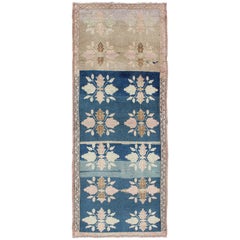 Multi-Medallion Floral Midcentury Turkish Oushak Runner in Blue and Pink