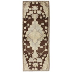 Floral Medallion Vintage Turkish Tulu Runner in Chocolate Brown, Ivory, Cream