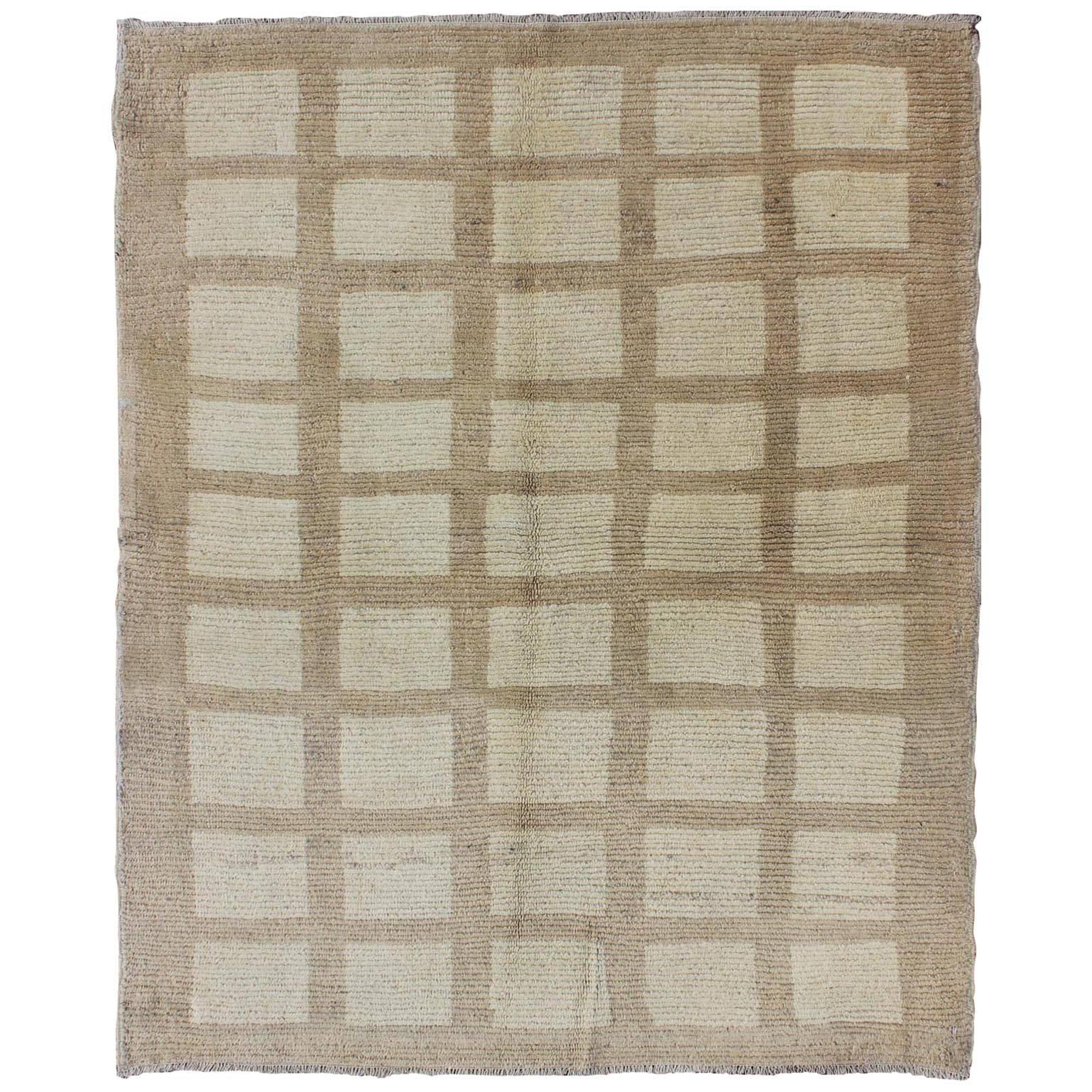 Modern-Design Antique Turkish Square Shaped Oushak Rug in Cream and Camel Colors For Sale