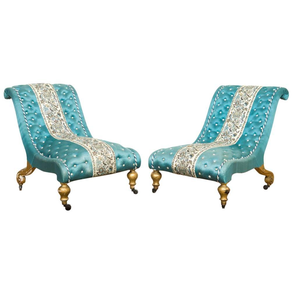 Pair of Two Giltwood Victorian Slipper Chairs in Blue Fabric For Sale