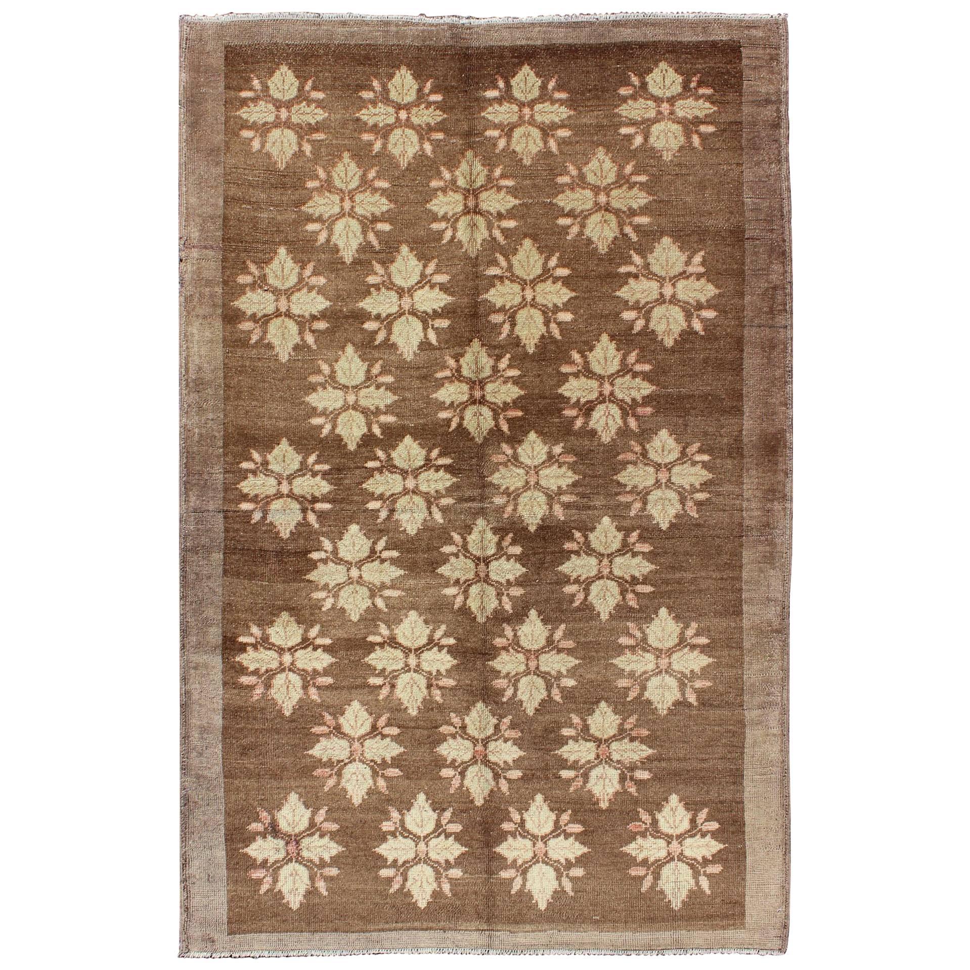 Midcentury Turkish Tulu Rug with Mini Blossom Medallions in Brown and Ivory