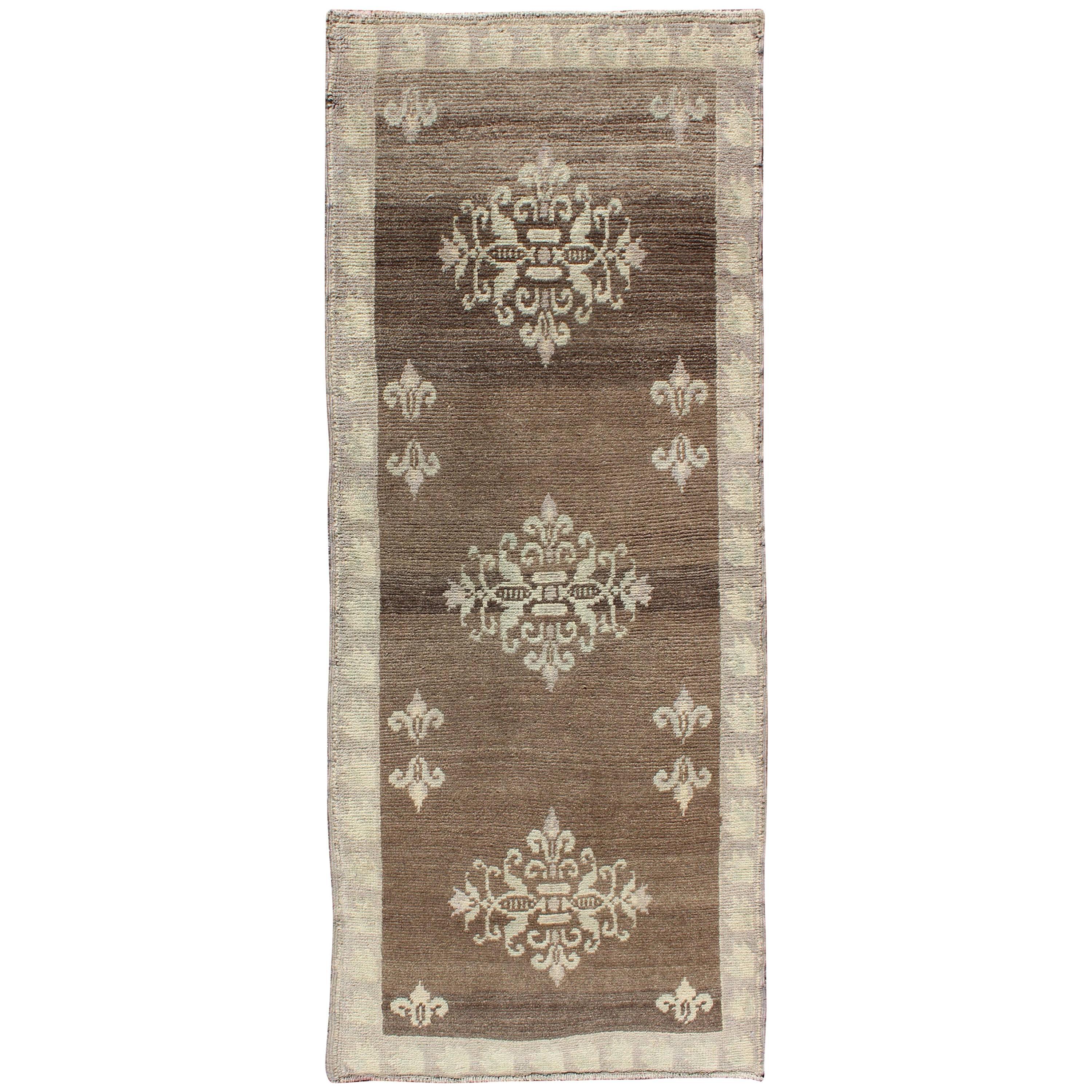 Brown Midcentury Turkish Tulu Runner with Ivory Blossoming Medallions