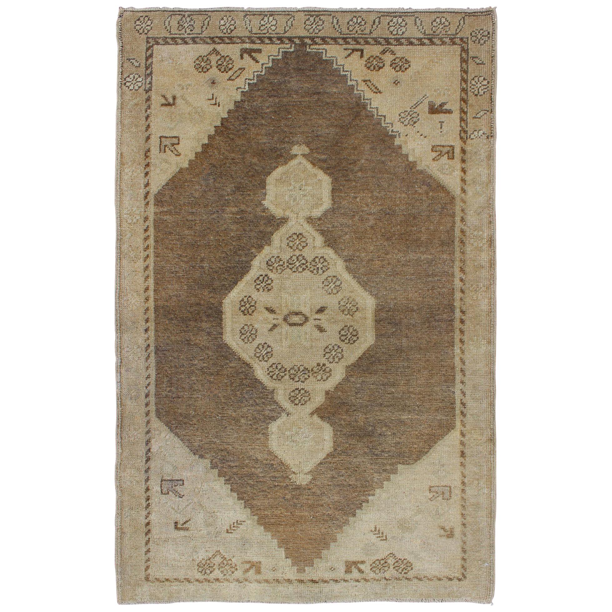 Midcentury Turkish Oushak Rug with Medallion and Cornices in Brown and Taupe