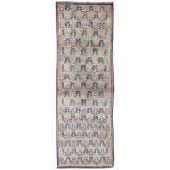 Taupe, Blue and Coral Vintage Turkish Tulu Runner with Latticework Design
