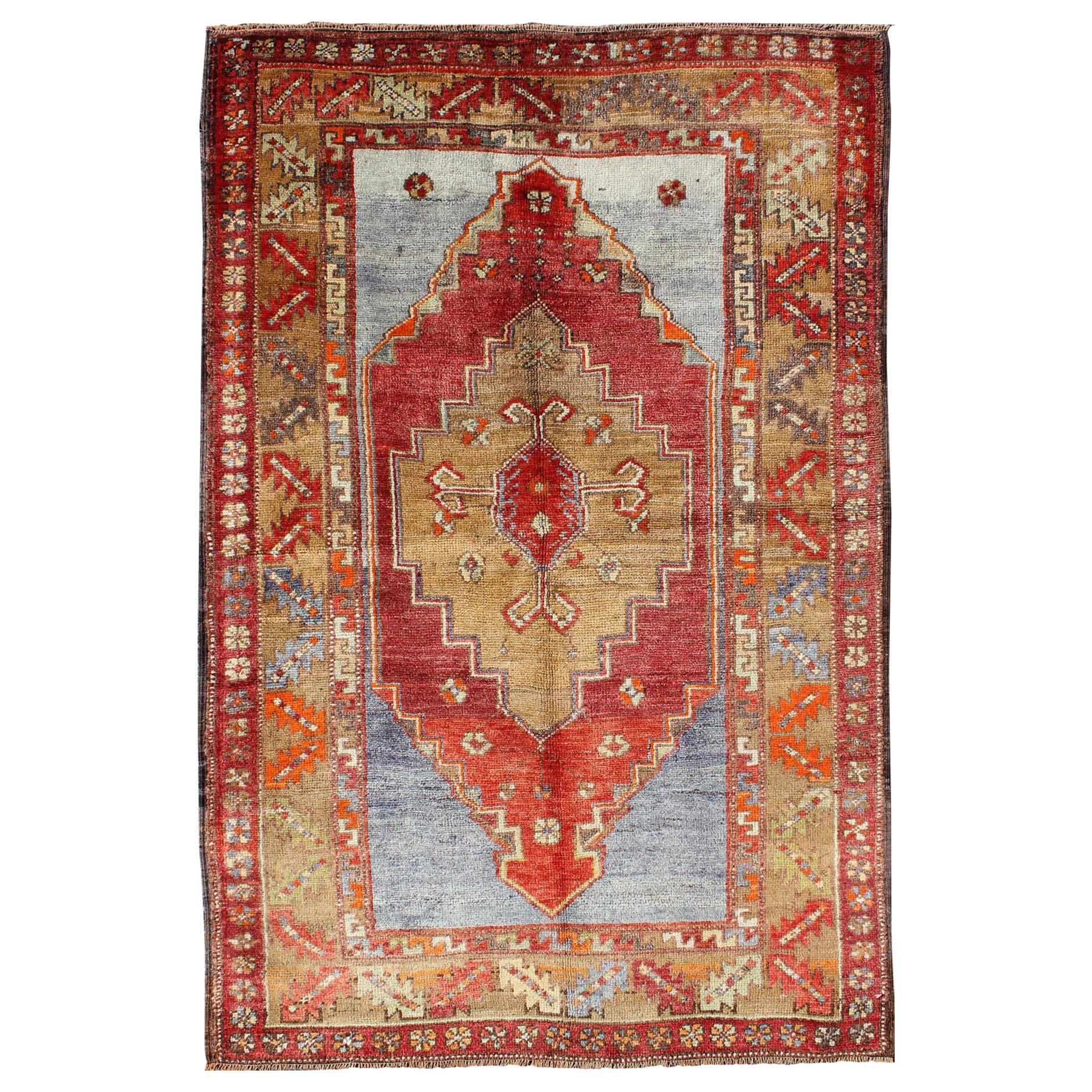 Multicolored Vintage Turkish Oushak Rug in Red, Blue and Soft Orange Colors
