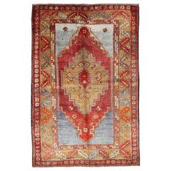 Multicolored Vintage Turkish Oushak Rug in Red, Blue and Soft Orange Colors