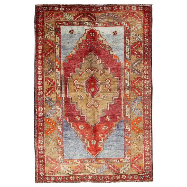 Multicolored Vintage Turkish Oushak Rug in Red, Blue and Soft Orange