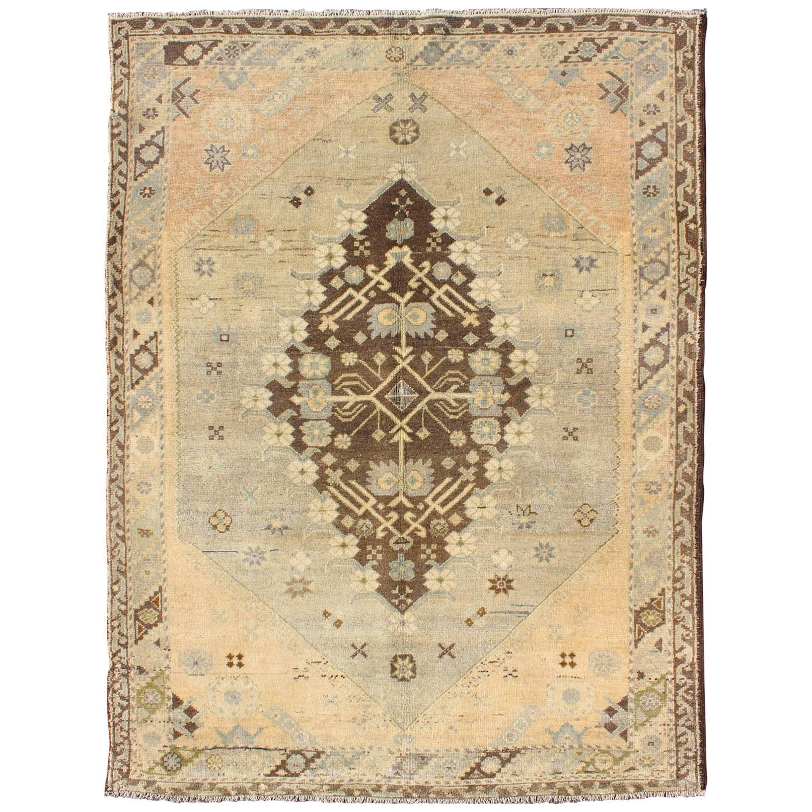 Vintage Turkish Oushak Rug with Tribal Medallion in Ivory, Camel, and