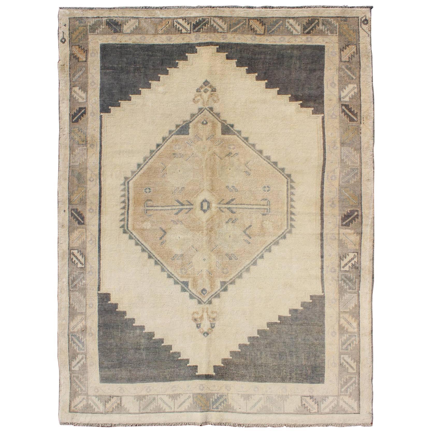 Charcoal, Grey and Cream Vintage Turkish Oushak Rug with Tribal Medallion