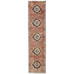 Multi-Medallion Vintage Turkish Oushak Runner in Burnt Orange and Charcoal