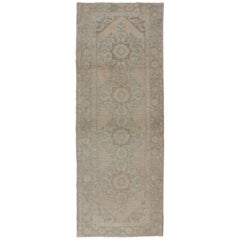 Floral Medallion Vintage Turkish Oushak Runner with Faded Color Palette