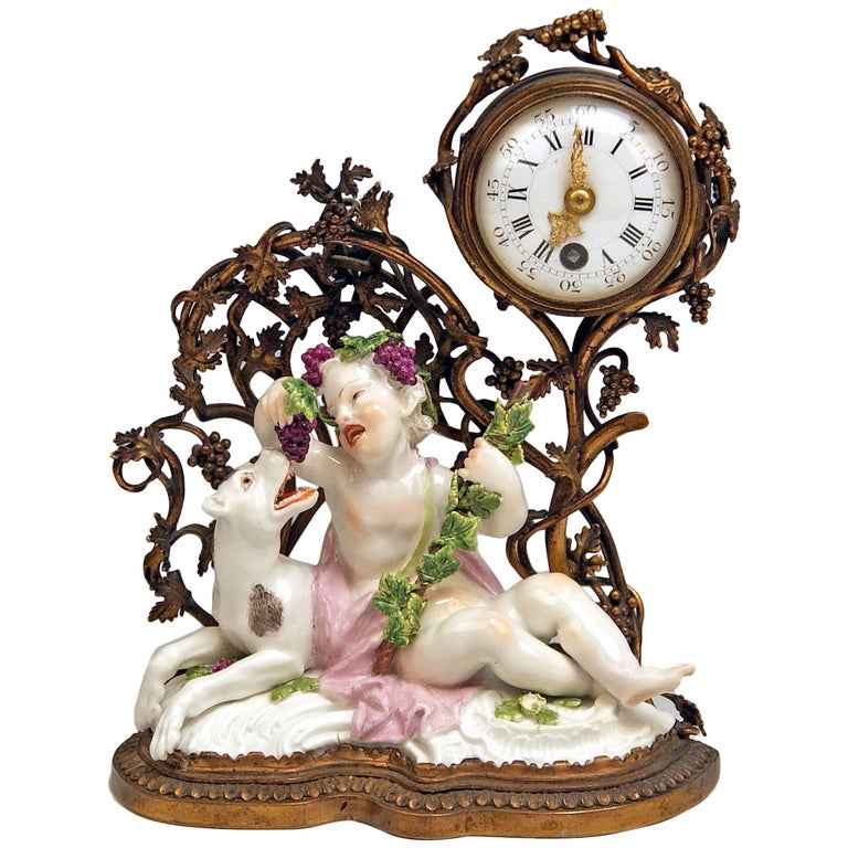 Meissen Mantel Table Clock Bronze Porcelain Autumn Fall Kaendler, circa 1745 For Sale