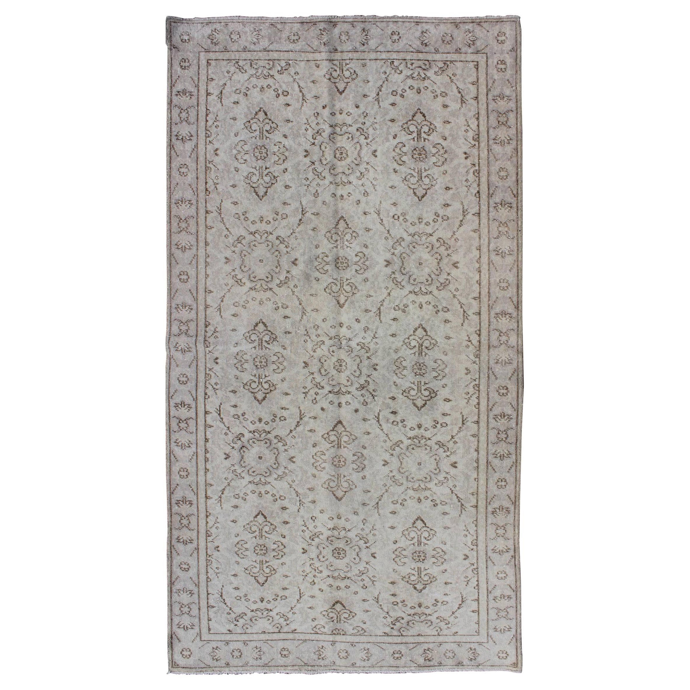 Hand Knotted All-Over Design Vintage Turkish Oushak Rug in Shades of Cream
