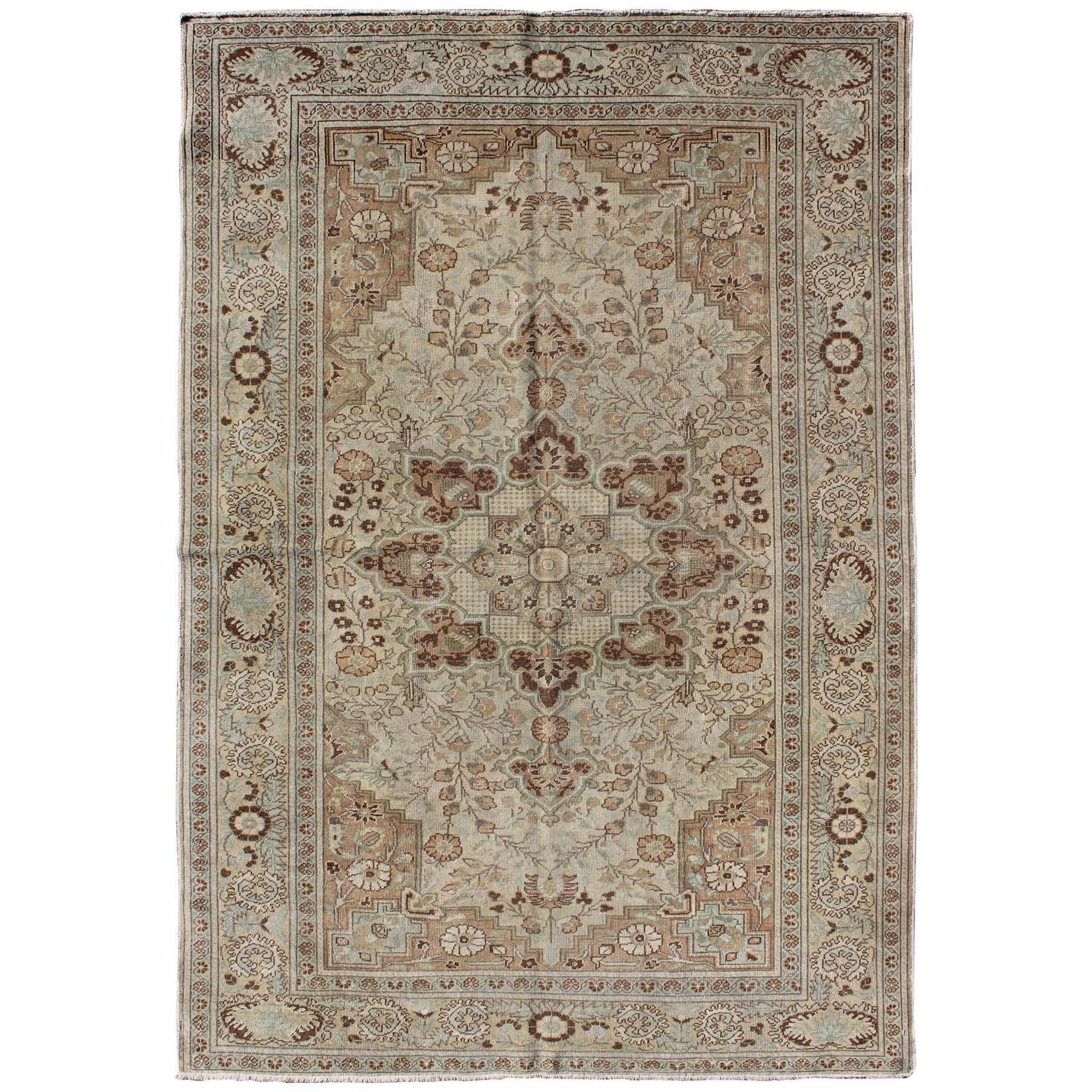 Ornate Floral Medallion Vintage Turkish Sivas Rug in Brown, Cream Tones For Sale