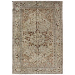 Ornate Floral Medallion Vintage Turkish Sivas Rug in Brown, Cream Tones