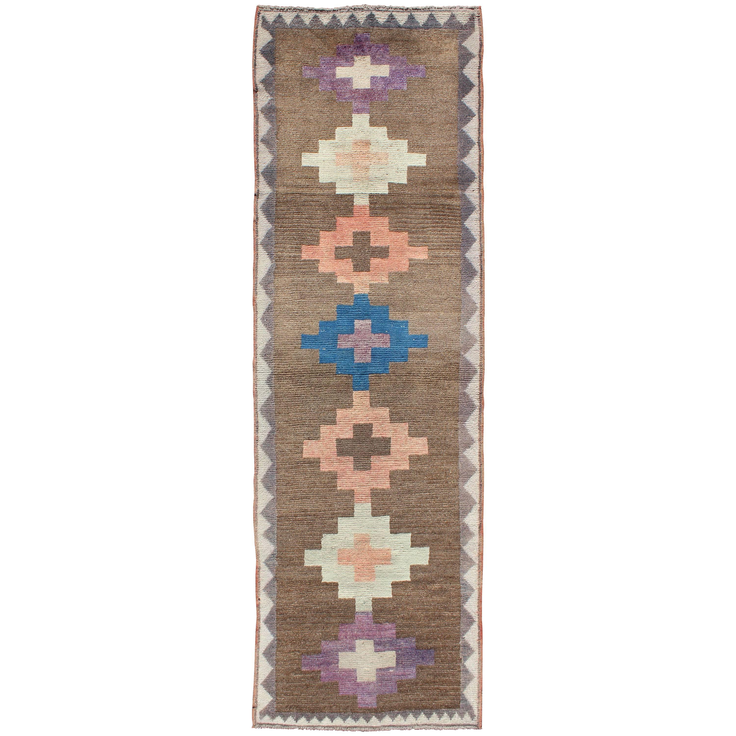 Vintage Turkish Tulu Runner with Tribal Design in Light Pink, Blue and Lavender For Sale