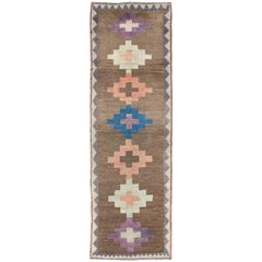 Vintage Turkish Tulu Runner with Tribal Design in Light Pink, Blue and Lavender
