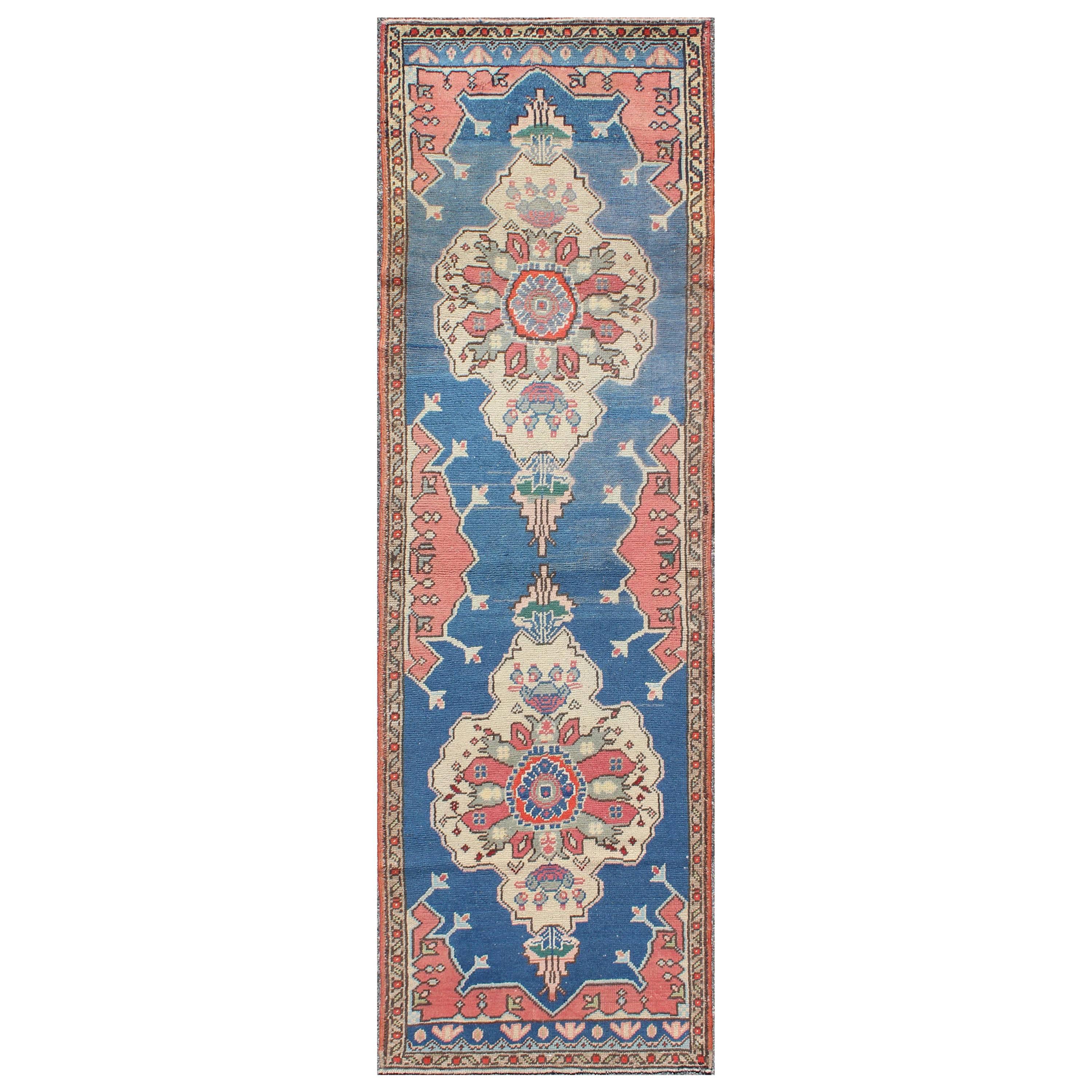 Grand Dual Medallion Oushak Vintage Runner from Turkey in Red and Blue For Sale