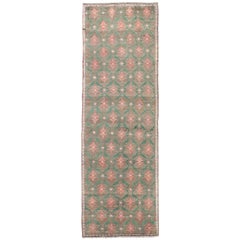 All-Over Design Vintage Turkish Oushak Rug in Hunter Green and Salmon Pink