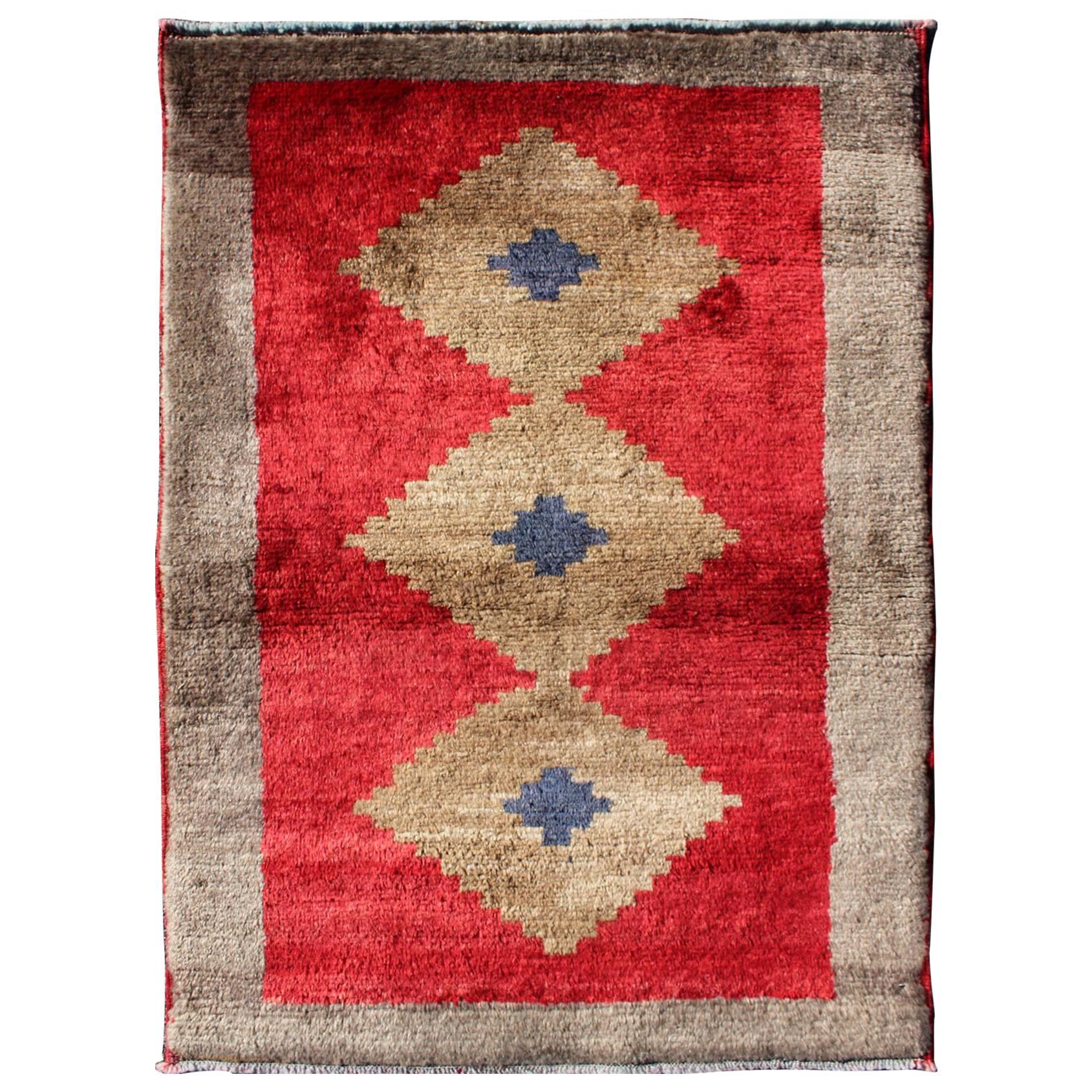 Midcentury Turkish Tulu Rug with Diamond Design in Bright Red and Tan Colors For Sale