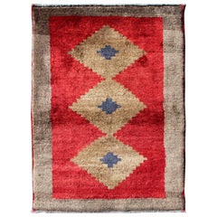 Vintage Midcentury Turkish Tulu Rug with Diamond Design in Bright Red and Tan Colors