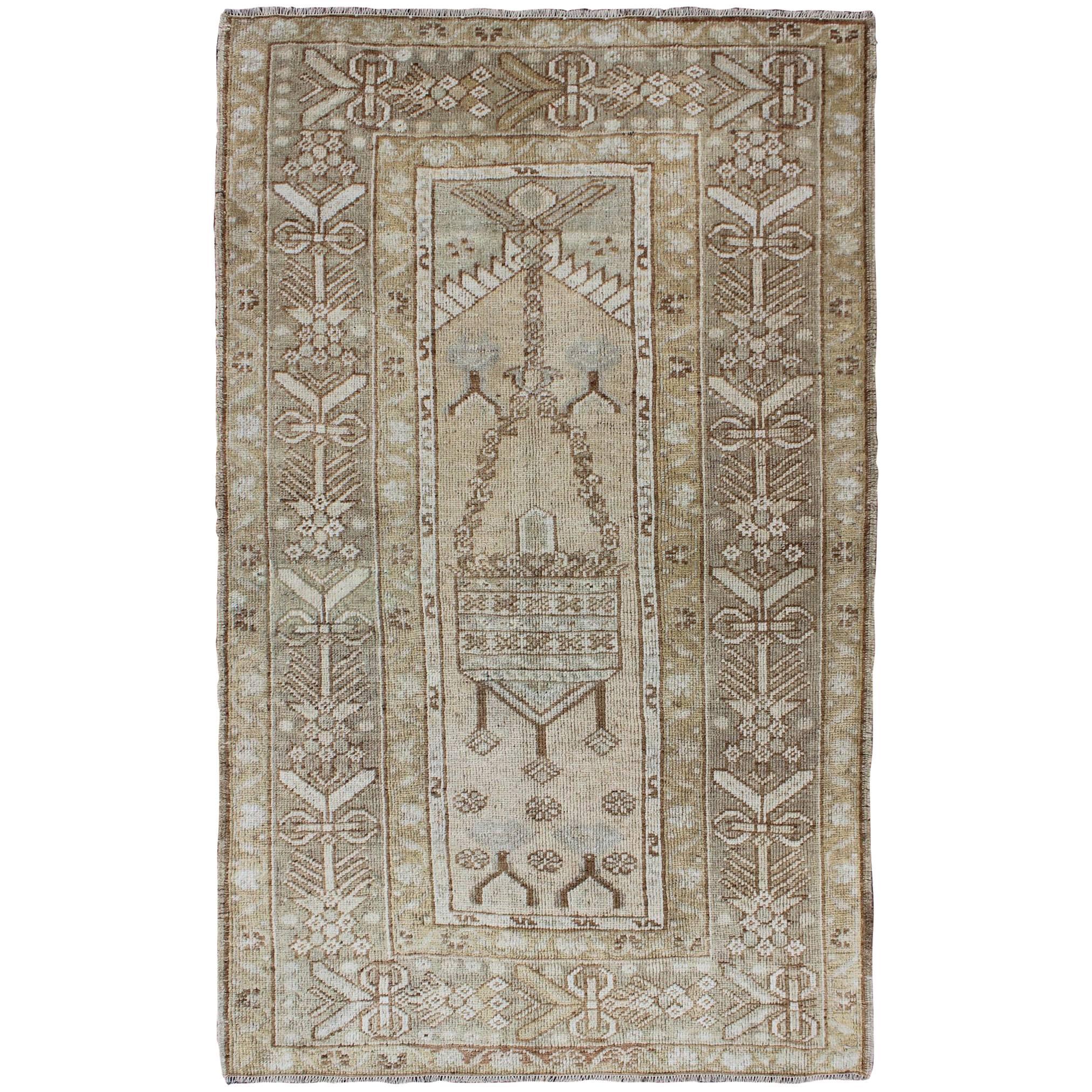 Stylized Tribal Design Vintage Turkish Oushak Rug in Taupe, Ivory, Cream, Brown