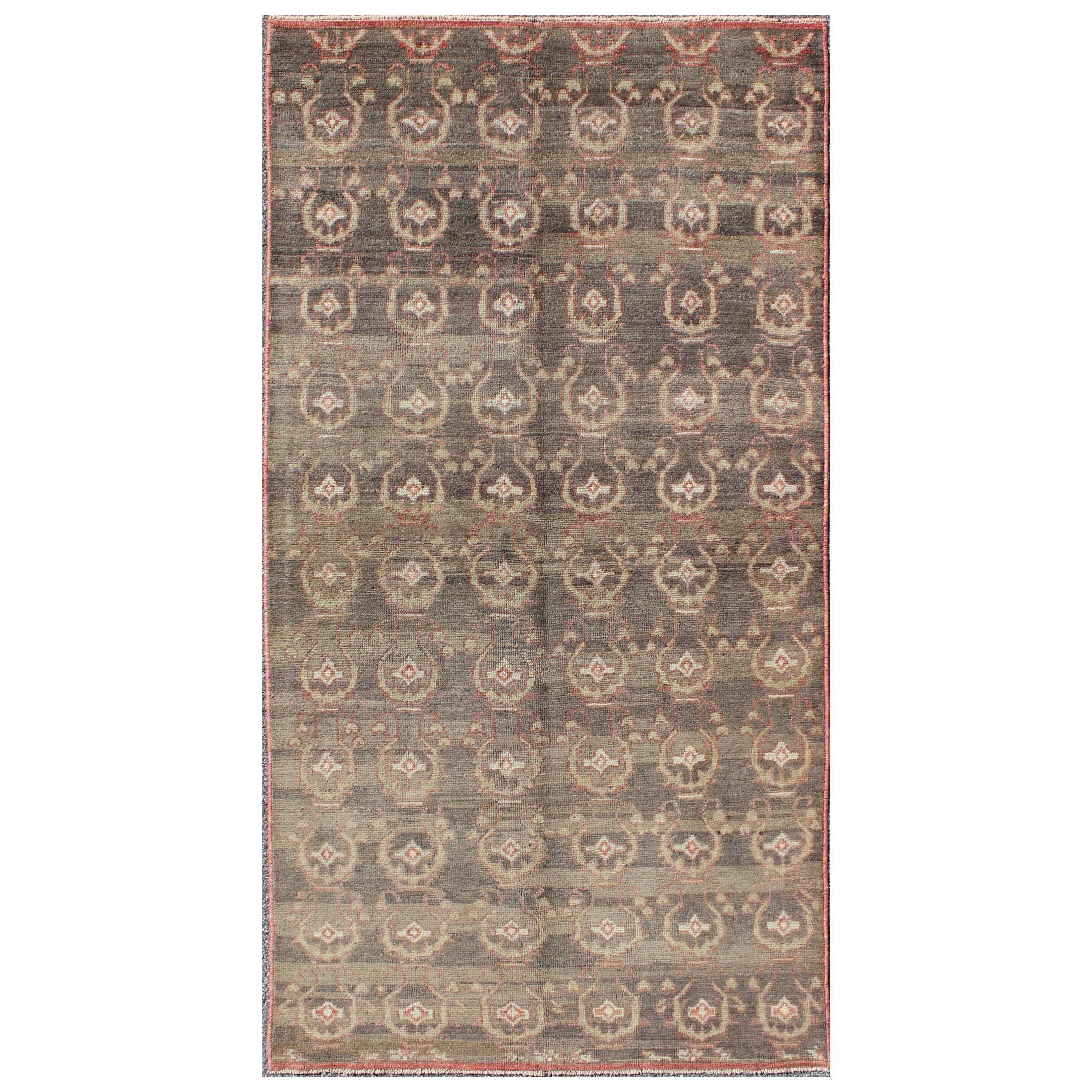 Gray Background Vintage Turkish Oushak Rug with All-Over Design in Red and Green