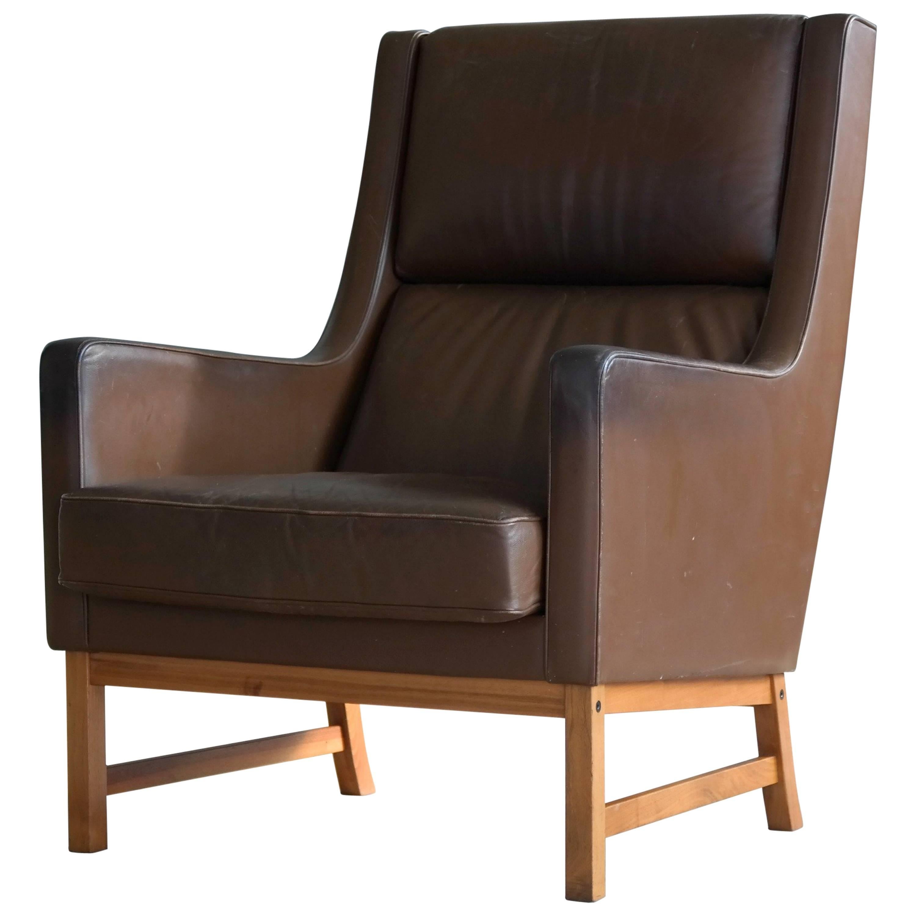 Midcentury Kai Lyngfeldt Larsen Style High Back Lounge Chair in Brown Leather