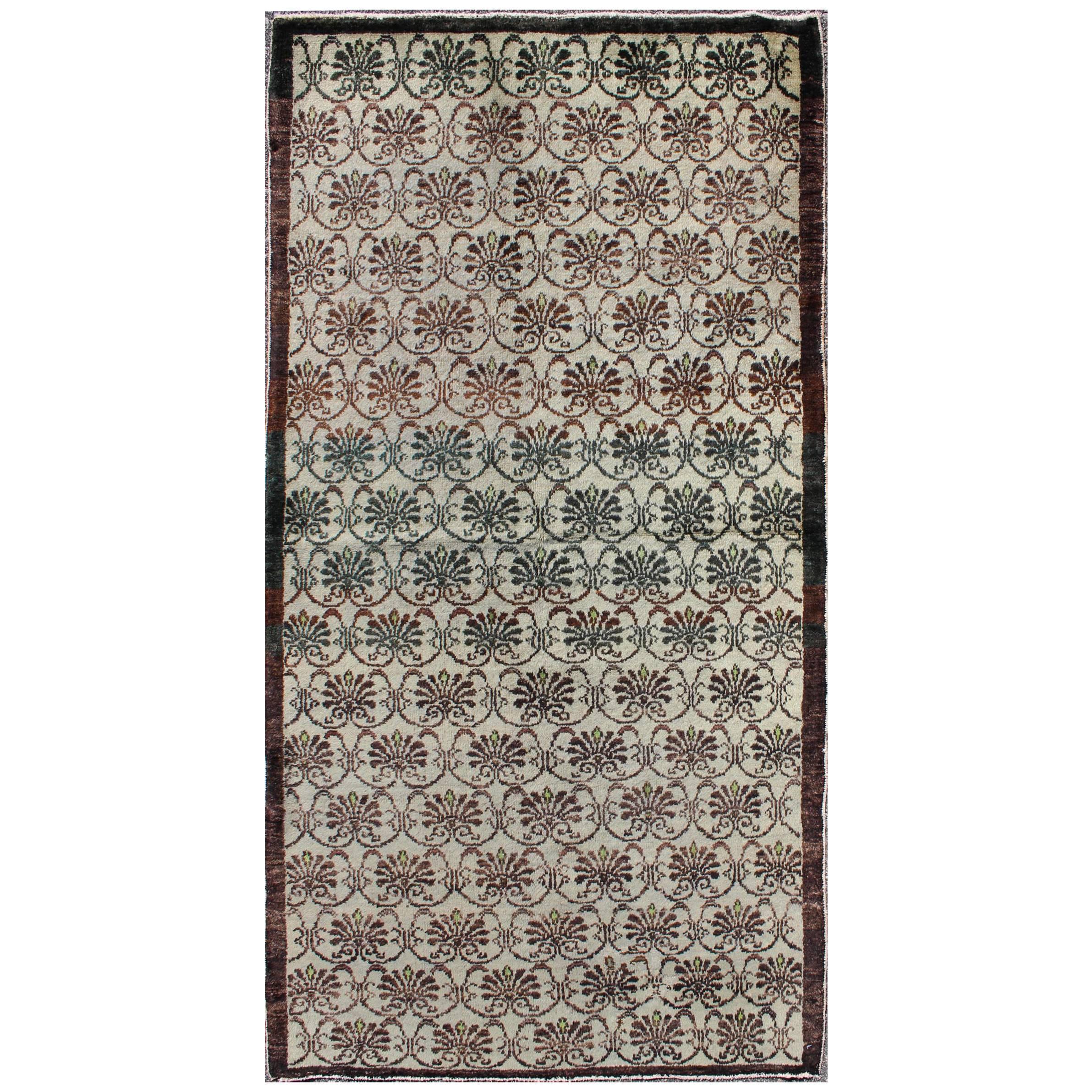 Vintage Turkish Oushak Rug with All-Over Design in Chocolate Brown, Ivory, Green For Sale