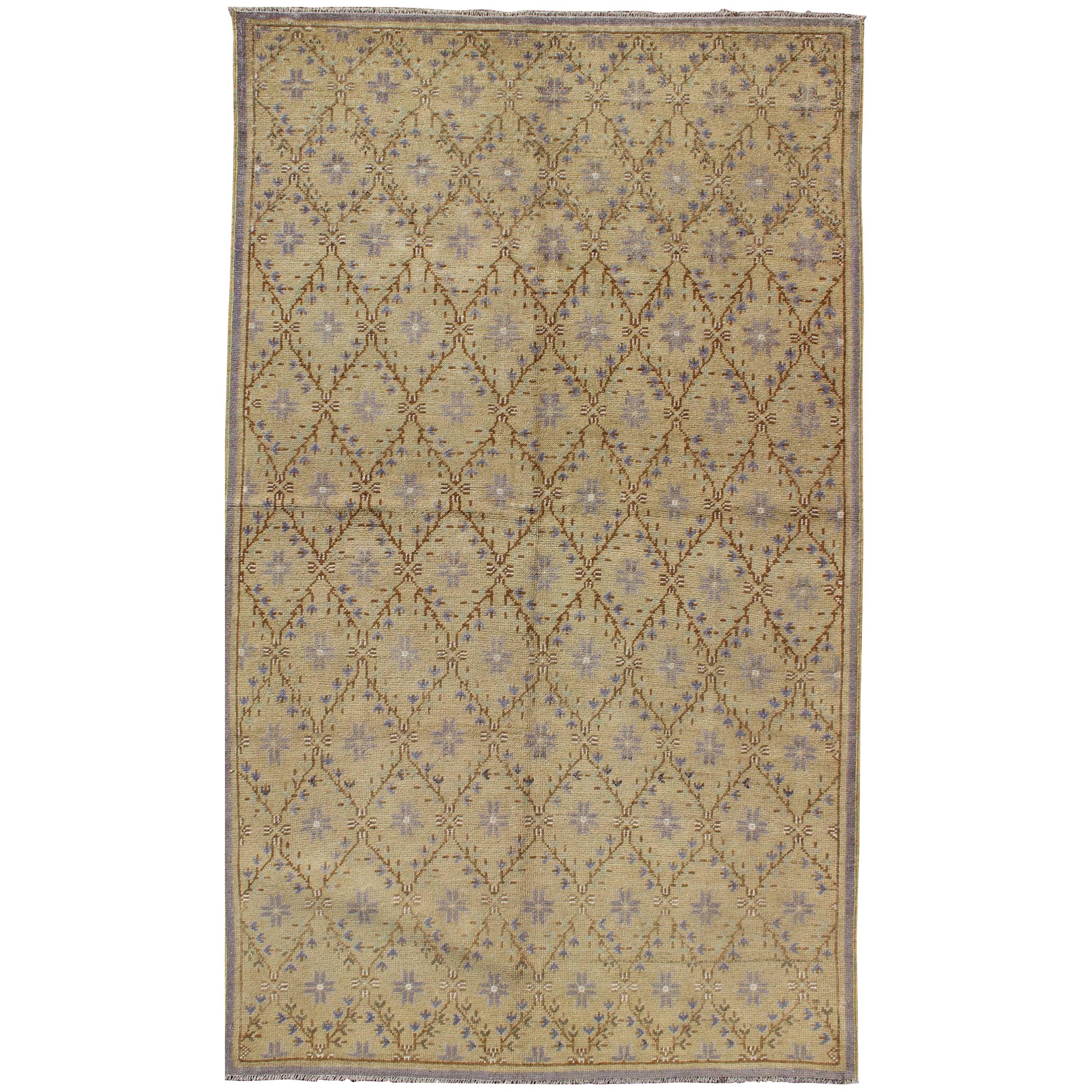 Vintage Turkish Oushak Rug with Lattice Blossom Design in Camel and Gray Colors For Sale