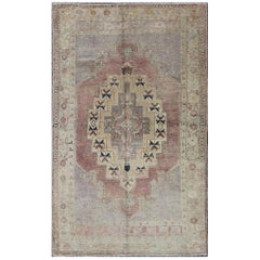 Geometric Vintage Turkish Oushak Rug in Light Purple, Lavender, Cream, and Gray