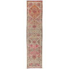 Colorful Vintage Turkish Oushak Runner with Taupe and Cream in Pink, Red, Green