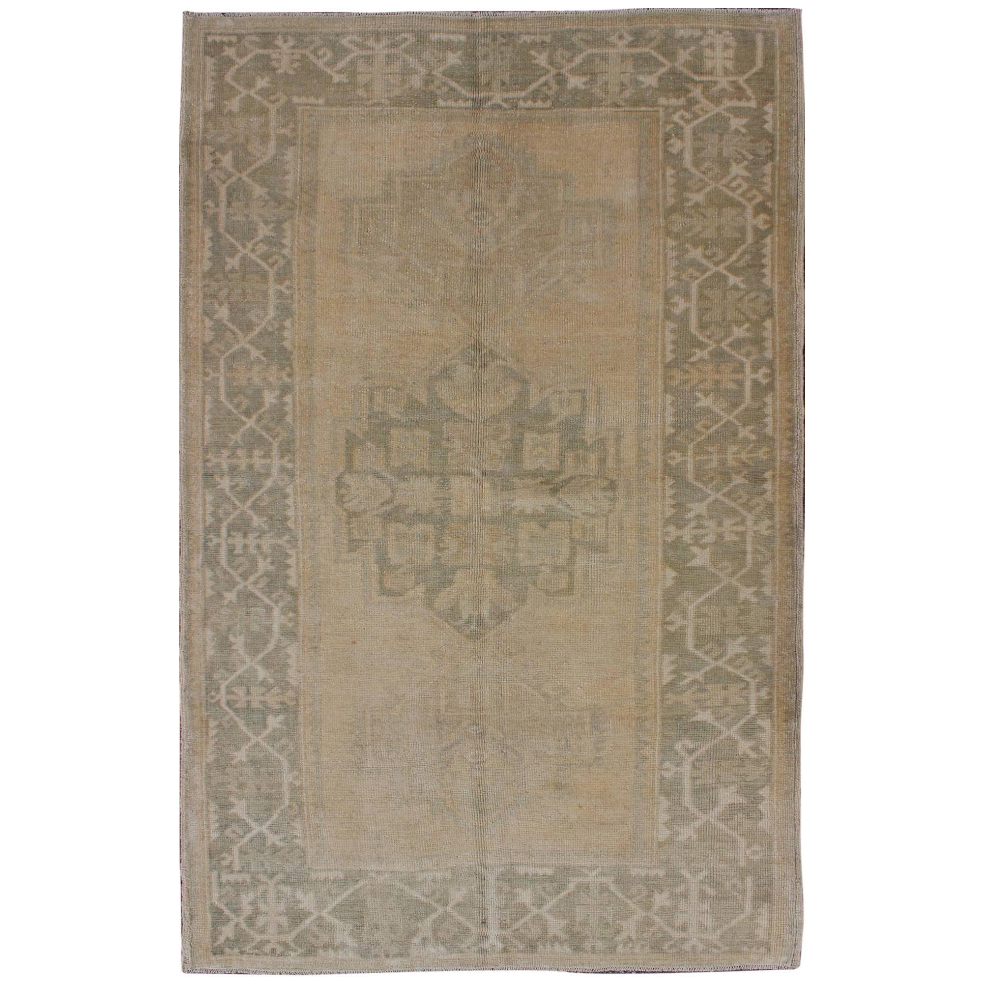 Medallion Vintage Turkish Oushak Rug in Taupe, Green and Sand Colors For Sale