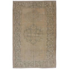 Medallion Vintage Turkish Oushak Rug in Taupe, Green and Sand Colors