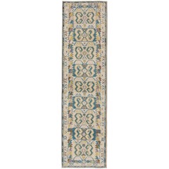 Vibrant Vintage Turkish Oushak Runner with Sub-Geometric Tribal Design in Teal