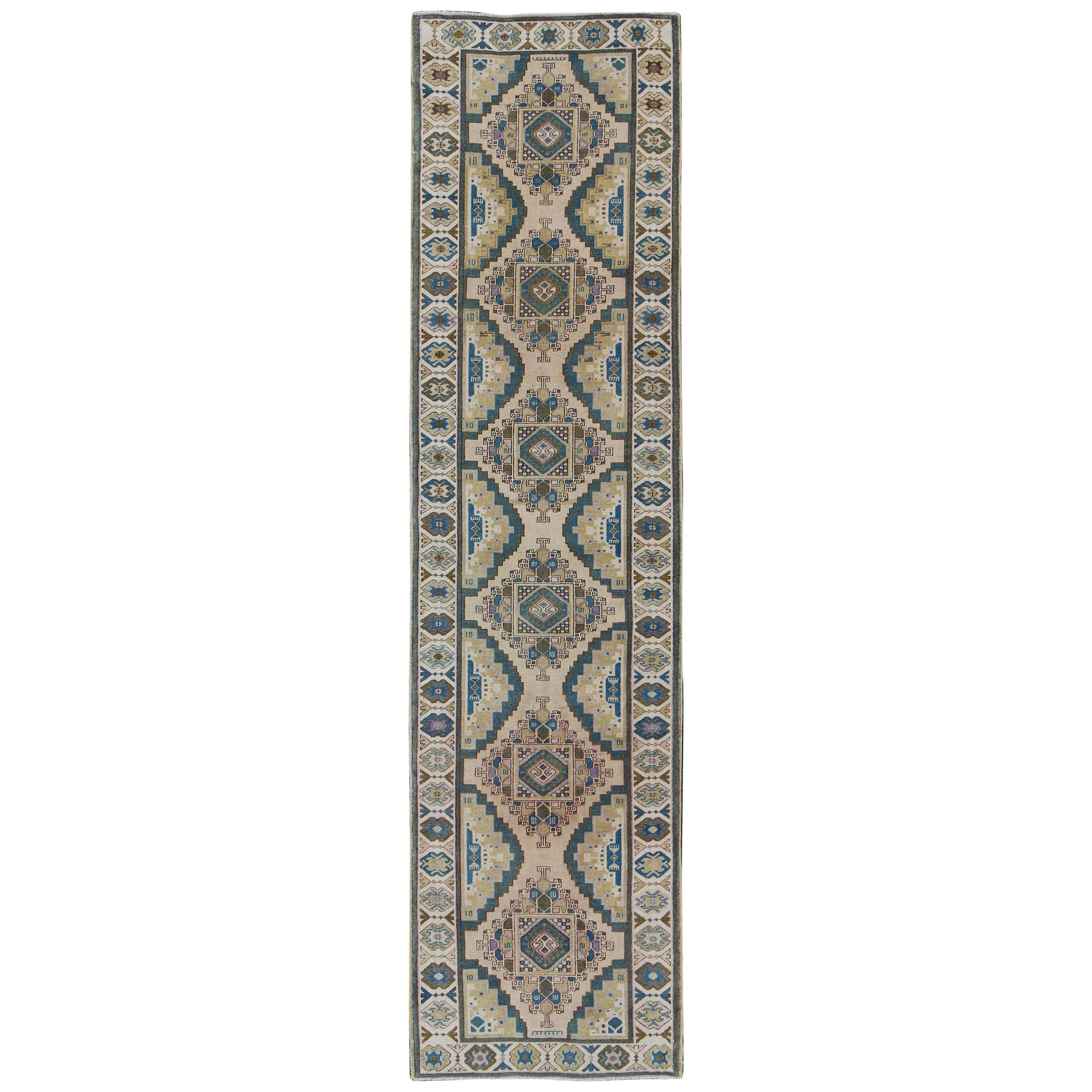Teal, Green, Blue and Yellow Vintage Turkish Oushak Runner with Geometric Design For Sale