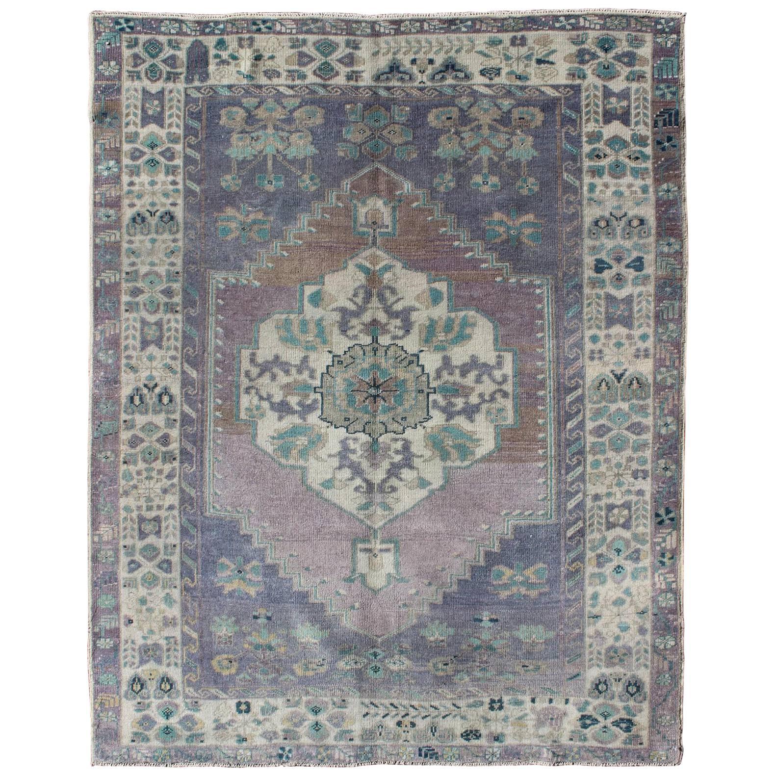 Purple and Teal Vintage Turkish Oushak Rug with Floral Layered Medallion Design For Sale