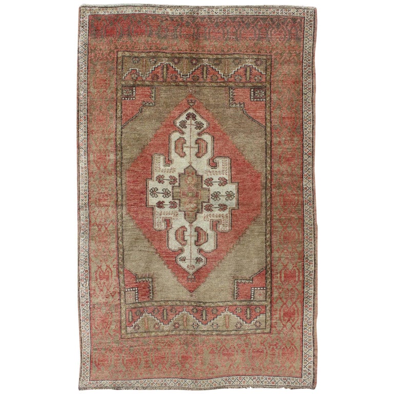 Olive Green and Red Oushak Vintage Turkish Rug with Tribal Medallion