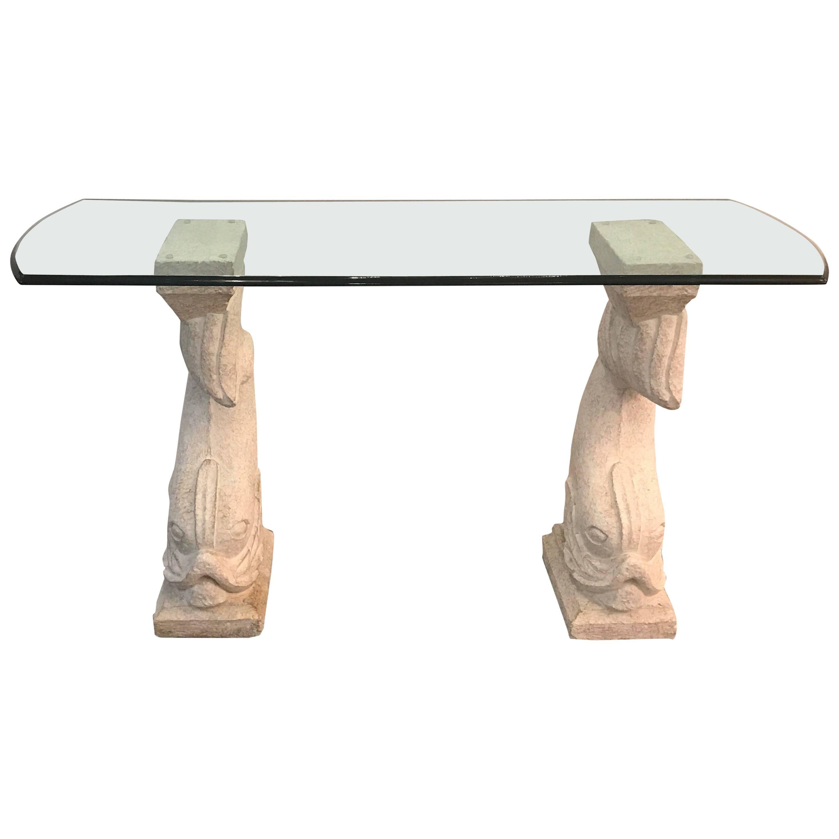 Cultured Stone and Glass Dolphin Motif Console Table 