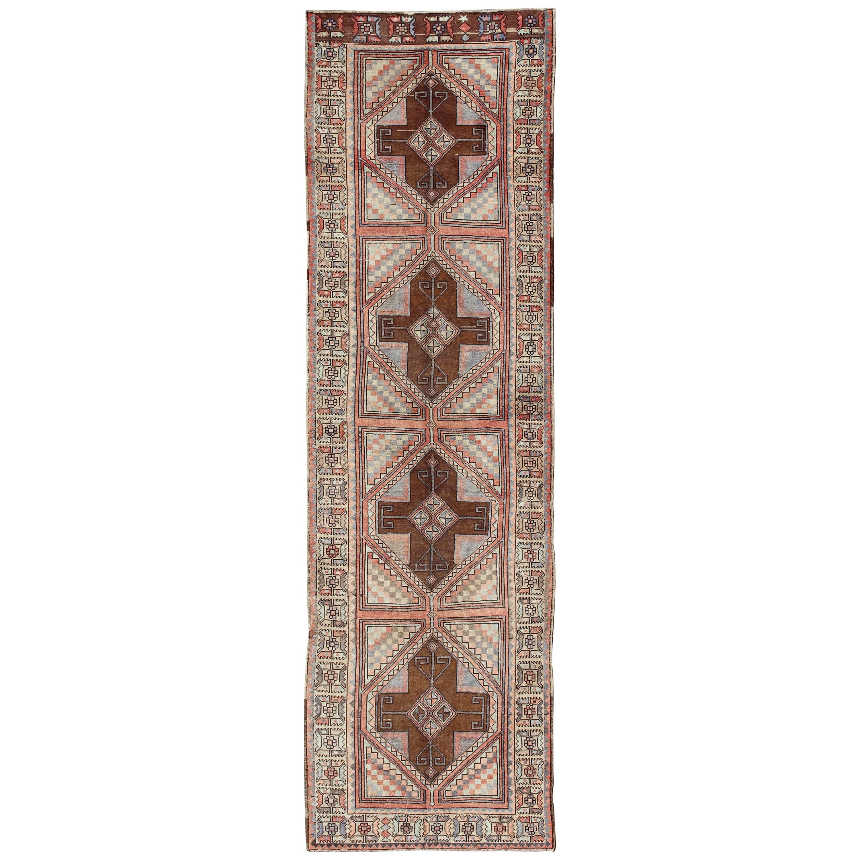 Multicolored Vintage Long Turkish Oushak Runner with Cross Shapes Design