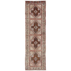 Multicolored Vintage Long Turkish Oushak Runner with Cross Shapes Design