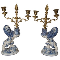 Pair of Late 1800s Emille Galle Faience Lion Candleholders from France