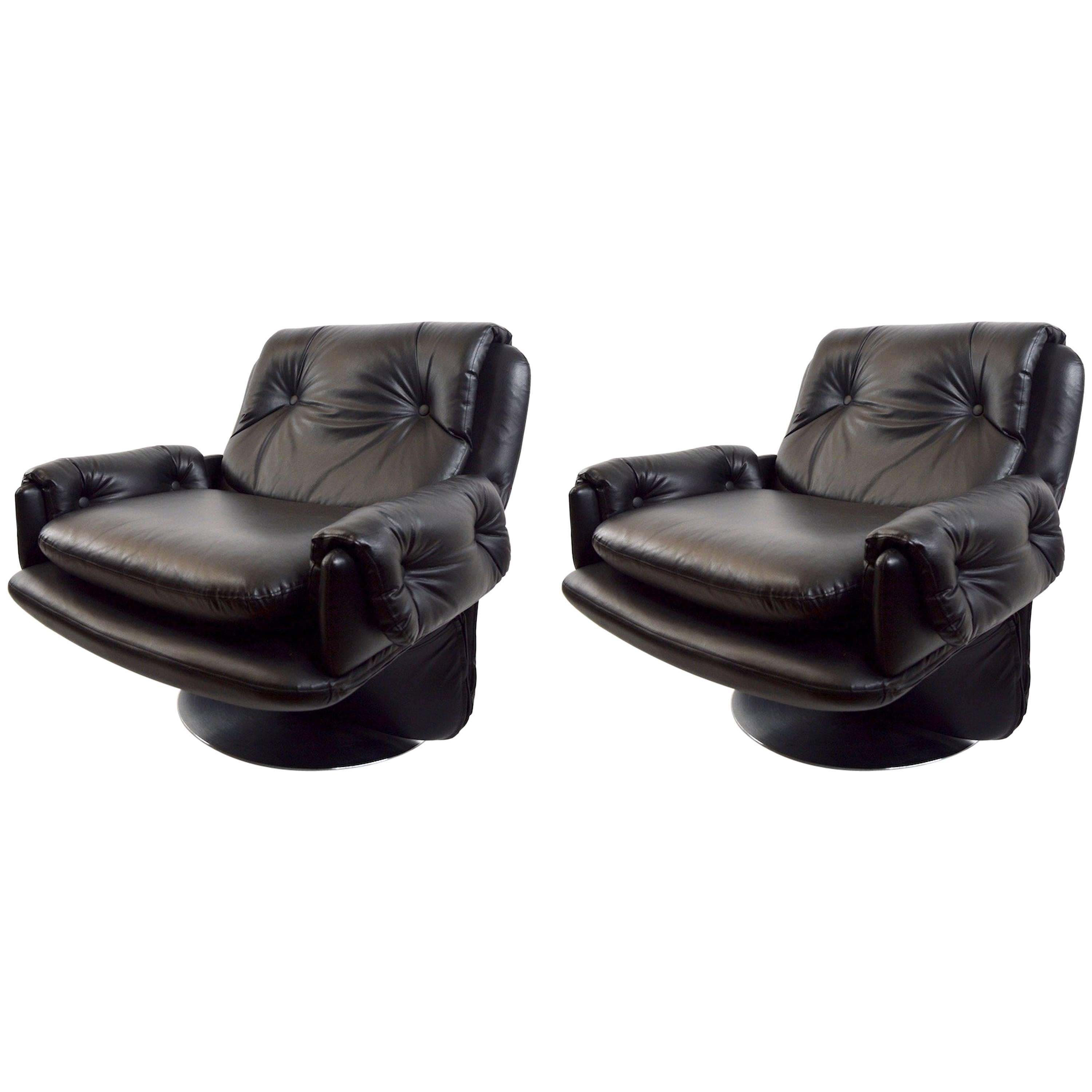 Pair of Black Leather Lounge Chairs