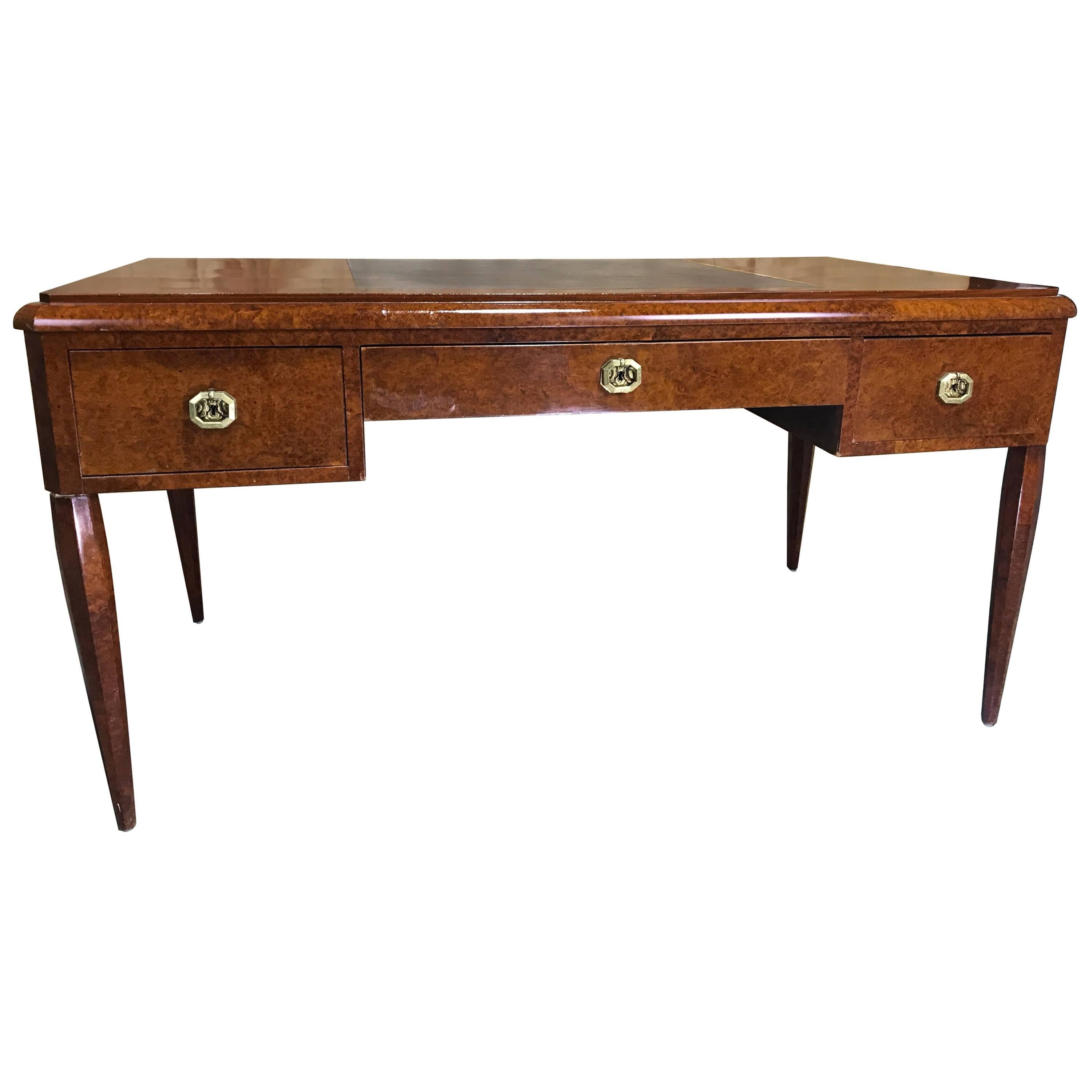 French Art Deco Burl Wood and Leather Desk