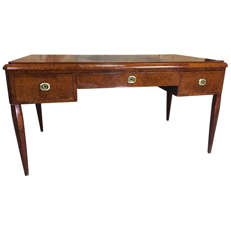 French Art Deco Burl Wood and Leather Desk For Sale at 1stDibs