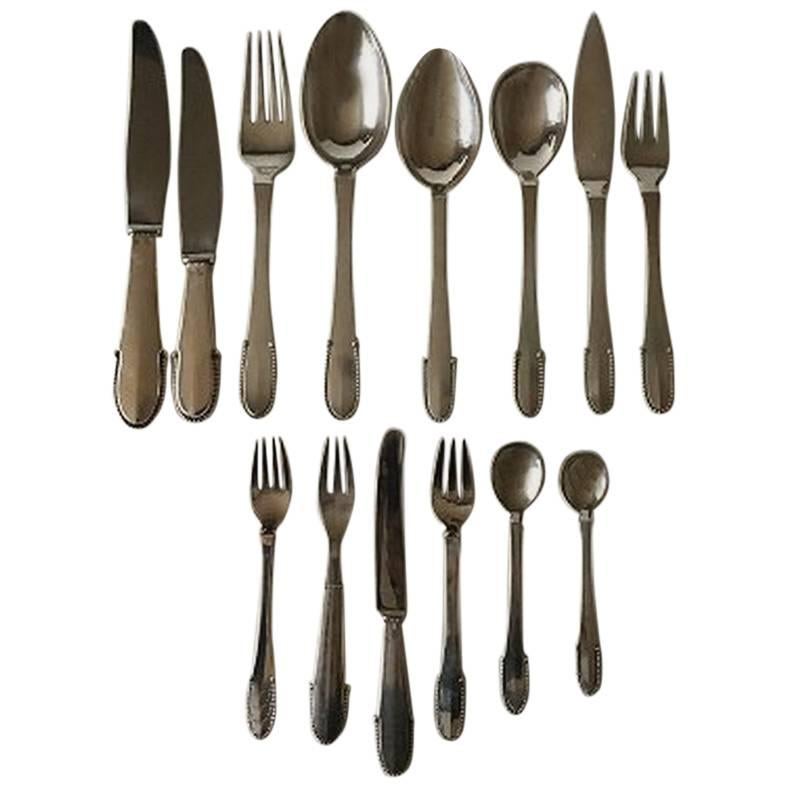 Georg Jensen Sterling Silver Beaded Flatware Set for Four Persons, 56 Pieces For Sale