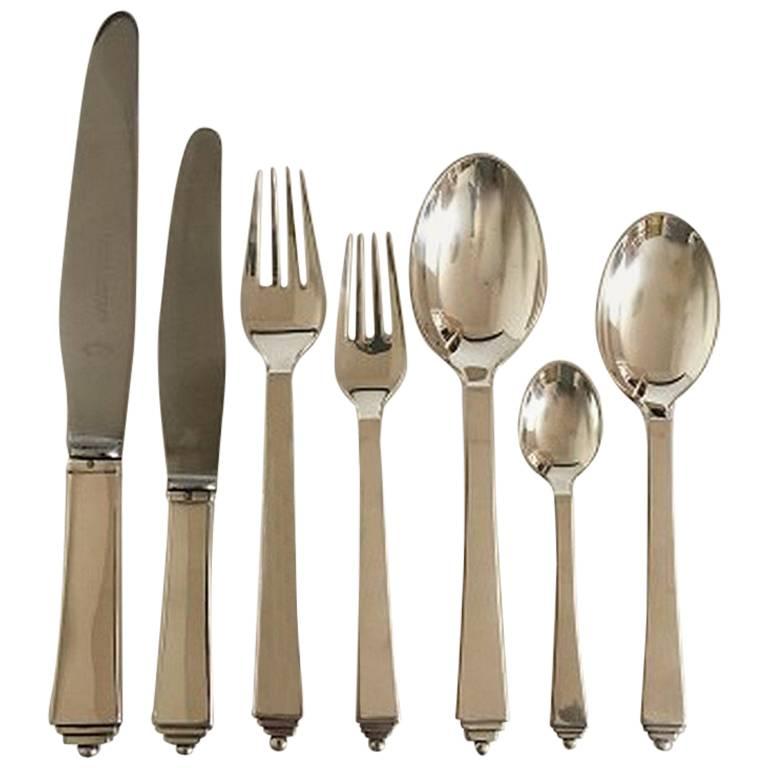 Georg Jensen Sterling Silver Pyramid Flatware Set for Six People, 42 Pieces For Sale