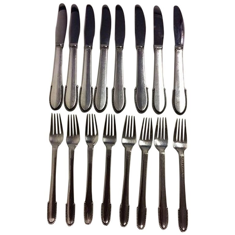 Jensen Sterling Silver Beaded Lunch Flatware Set of 16 Pieces at