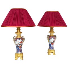 Antique Large pair of Imari porcelain with peacocks lamps, 19th century