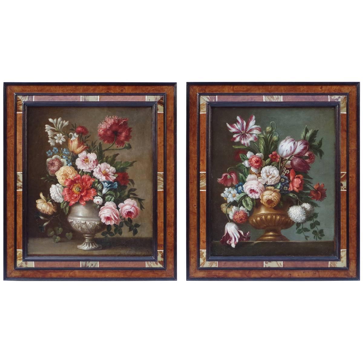 Pair of Still Life "Flowers Bouquets", Oils of Canvas, 19th Century